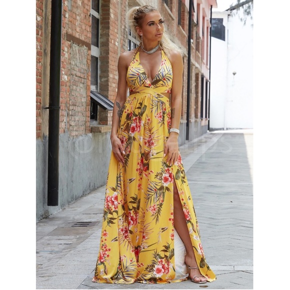 Yellow Floral Tropical Print Maxi Dress V-Neck Backless Leg Slit - Picture 2 of 5